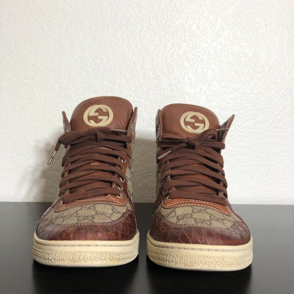 SOLD Gucci 224778 GG Imprime High Top Authentic Brown Crocodile Trim Men’s 8.5 - Picture 11 of 13